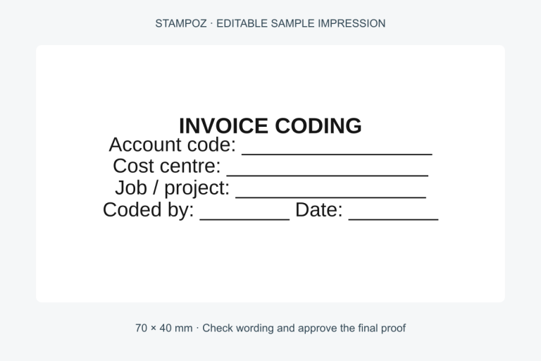 Editable invoice coding stamp sample with handwritten reference fields