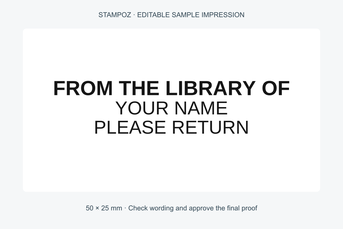 Personalised library book stamp text example with name and return reminder