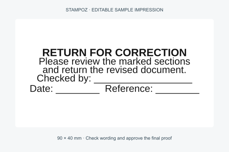 Editable sample impression for Return for Correction Stamp &ndash; 40mm x 90mm